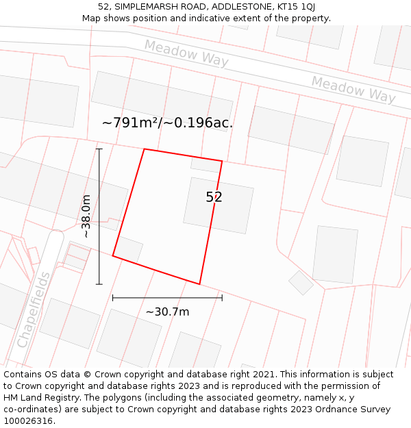 52, SIMPLEMARSH ROAD, ADDLESTONE, KT15 1QJ: Plot and title map