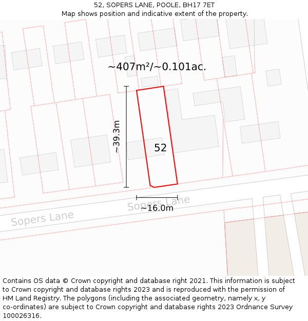 52, SOPERS LANE, POOLE, BH17 7ET: Plot and title map