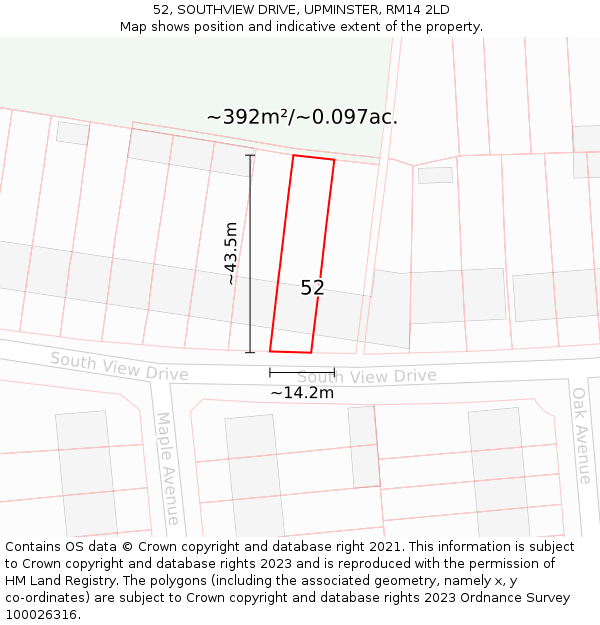 52, SOUTHVIEW DRIVE, UPMINSTER, RM14 2LD: Plot and title map