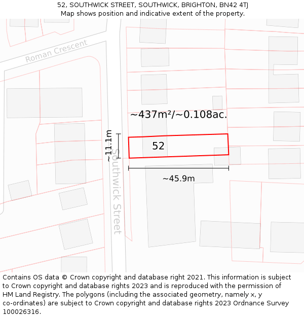 52, SOUTHWICK STREET, SOUTHWICK, BRIGHTON, BN42 4TJ: Plot and title map