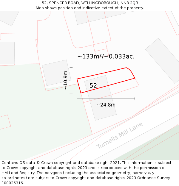 52, SPENCER ROAD, WELLINGBOROUGH, NN8 2QB: Plot and title map