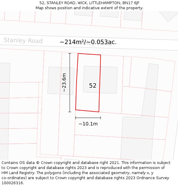 52, STANLEY ROAD, WICK, LITTLEHAMPTON, BN17 6JF: Plot and title map