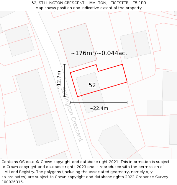 52, STILLINGTON CRESCENT, HAMILTON, LEICESTER, LE5 1BR: Plot and title map