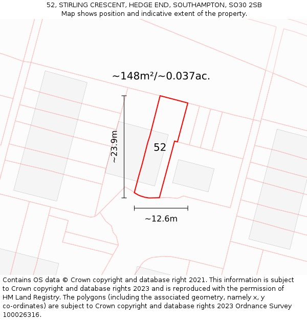 52, STIRLING CRESCENT, HEDGE END, SOUTHAMPTON, SO30 2SB: Plot and title map
