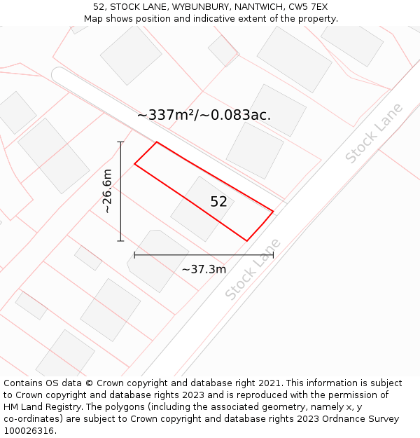 52, STOCK LANE, WYBUNBURY, NANTWICH, CW5 7EX: Plot and title map