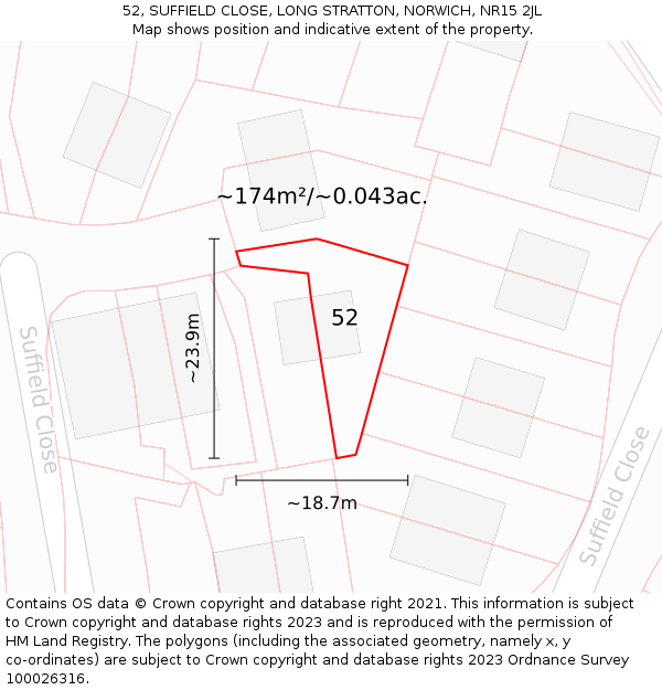 52, SUFFIELD CLOSE, LONG STRATTON, NORWICH, NR15 2JL: Plot and title map