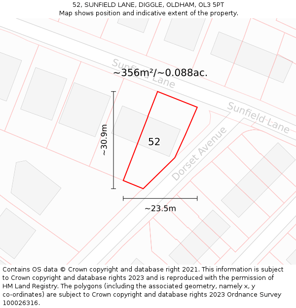 52, SUNFIELD LANE, DIGGLE, OLDHAM, OL3 5PT: Plot and title map