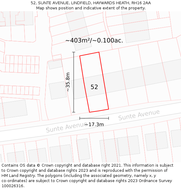 52, SUNTE AVENUE, LINDFIELD, HAYWARDS HEATH, RH16 2AA: Plot and title map