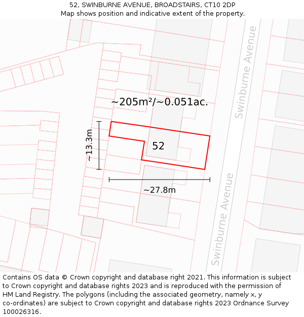 52, SWINBURNE AVENUE, BROADSTAIRS, CT10 2DP: Plot and title map