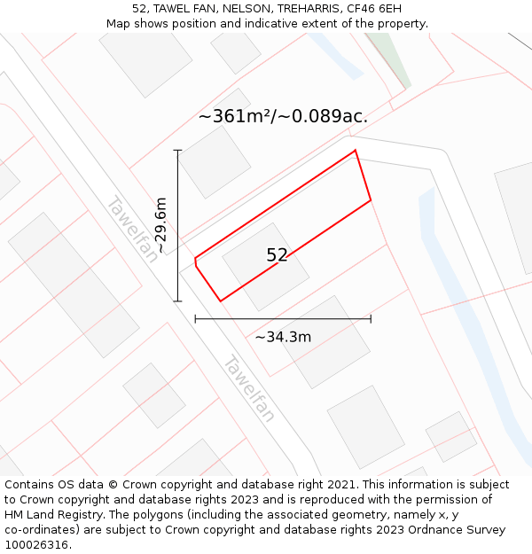 52, TAWEL FAN, NELSON, TREHARRIS, CF46 6EH: Plot and title map