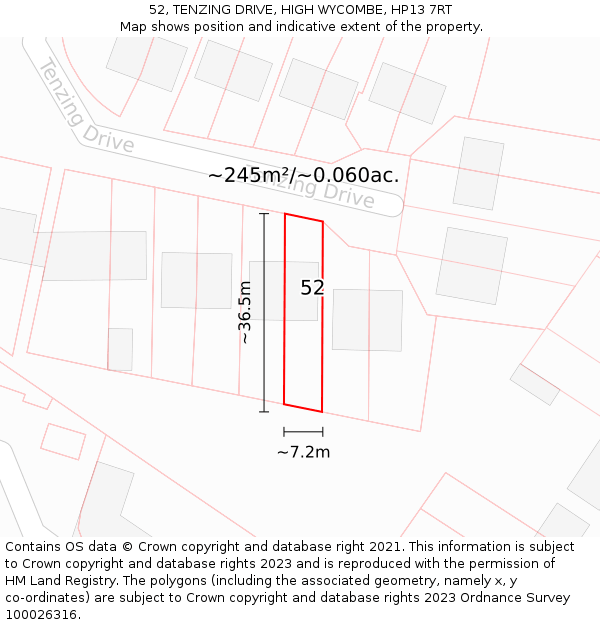 52, TENZING DRIVE, HIGH WYCOMBE, HP13 7RT: Plot and title map