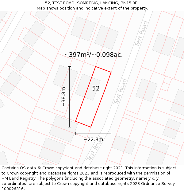 52, TEST ROAD, SOMPTING, LANCING, BN15 0EL: Plot and title map