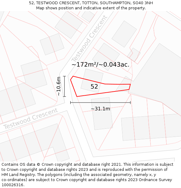 52, TESTWOOD CRESCENT, TOTTON, SOUTHAMPTON, SO40 3NH: Plot and title map