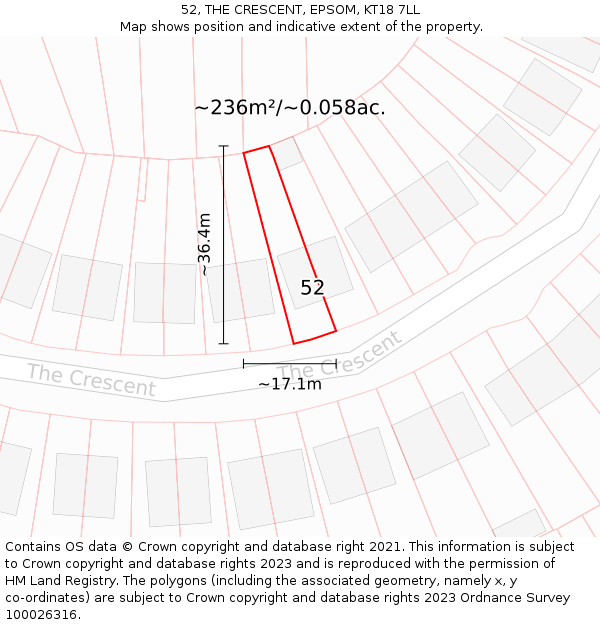 52, THE CRESCENT, EPSOM, KT18 7LL: Plot and title map