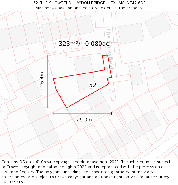 52, THE SHOWFIELD, HAYDON BRIDGE, HEXHAM, NE47 6DF: Plot and title map