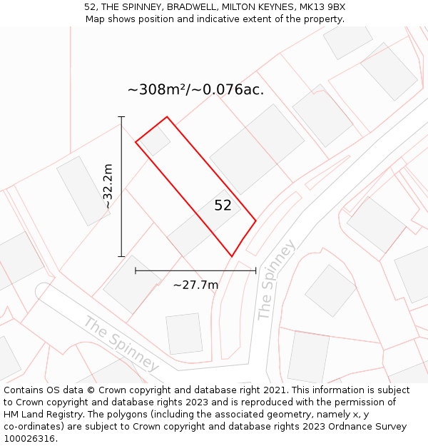 52, THE SPINNEY, BRADWELL, MILTON KEYNES, MK13 9BX: Plot and title map