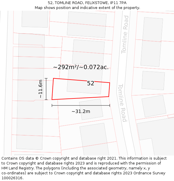 52, TOMLINE ROAD, FELIXSTOWE, IP11 7PA: Plot and title map