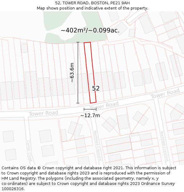 52, TOWER ROAD, BOSTON, PE21 9AH: Plot and title map