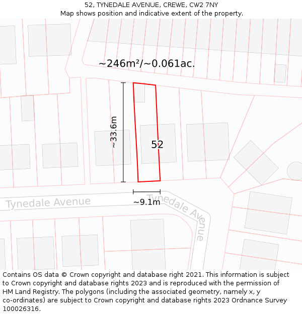 52, TYNEDALE AVENUE, CREWE, CW2 7NY: Plot and title map