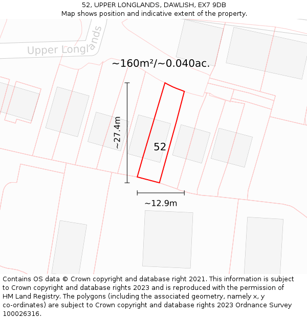 52, UPPER LONGLANDS, DAWLISH, EX7 9DB: Plot and title map