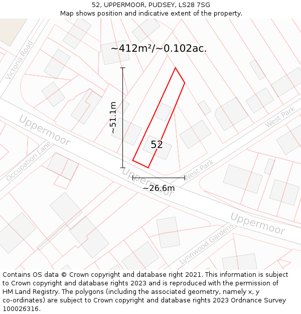 52, UPPERMOOR, PUDSEY, LS28 7SG: Plot and title map