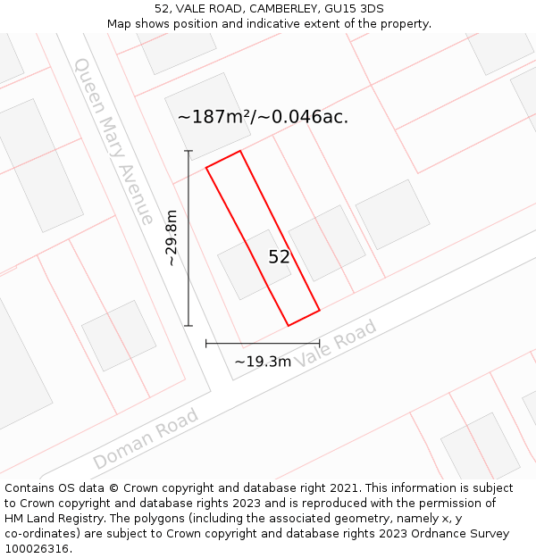 52, VALE ROAD, CAMBERLEY, GU15 3DS: Plot and title map