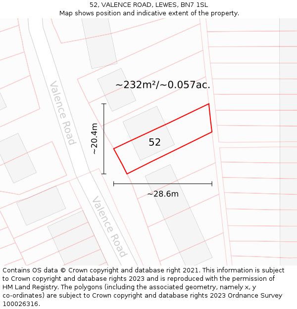 52, VALENCE ROAD, LEWES, BN7 1SL: Plot and title map