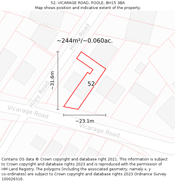 52, VICARAGE ROAD, POOLE, BH15 3BA: Plot and title map