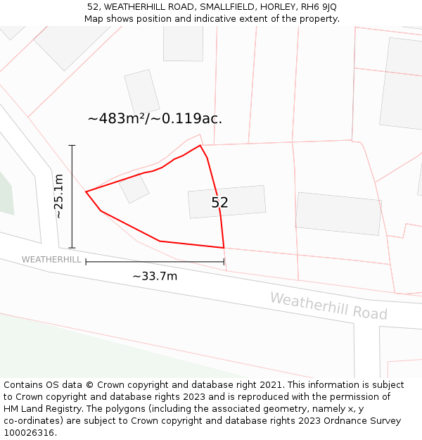 52, WEATHERHILL ROAD, SMALLFIELD, HORLEY, RH6 9JQ: Plot and title map