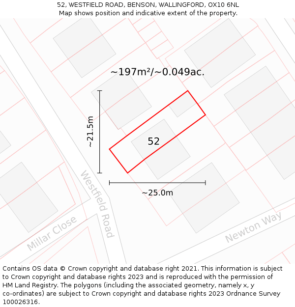 52, WESTFIELD ROAD, BENSON, WALLINGFORD, OX10 6NL: Plot and title map