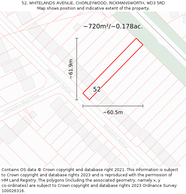 52, WHITELANDS AVENUE, CHORLEYWOOD, RICKMANSWORTH, WD3 5RD: Plot and title map