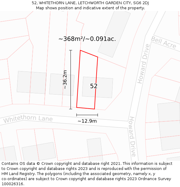 52, WHITETHORN LANE, LETCHWORTH GARDEN CITY, SG6 2DJ: Plot and title map