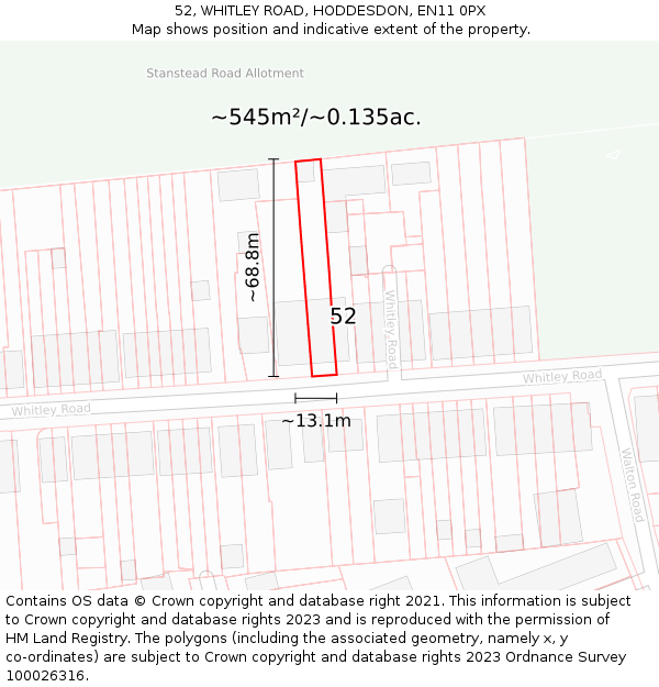 52, WHITLEY ROAD, HODDESDON, EN11 0PX: Plot and title map