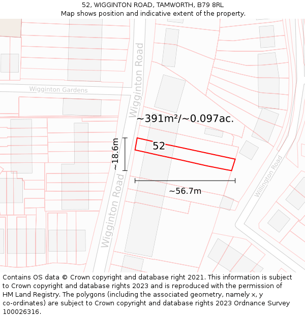 52, WIGGINTON ROAD, TAMWORTH, B79 8RL: Plot and title map