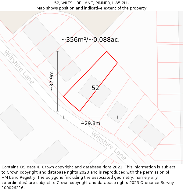 52, WILTSHIRE LANE, PINNER, HA5 2LU: Plot and title map