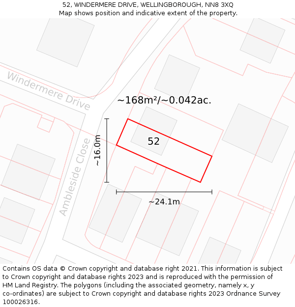 52, WINDERMERE DRIVE, WELLINGBOROUGH, NN8 3XQ: Plot and title map