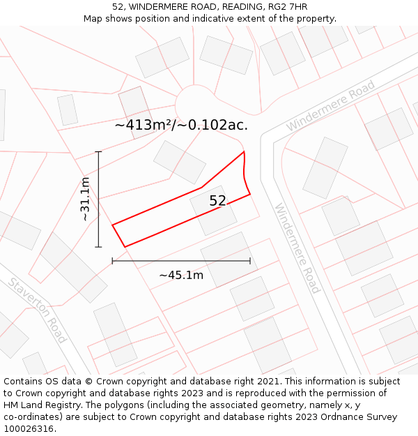 52, WINDERMERE ROAD, READING, RG2 7HR: Plot and title map