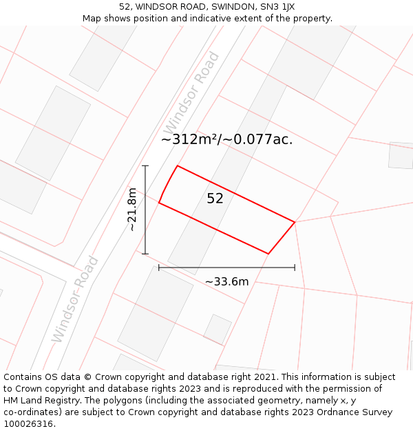 52, WINDSOR ROAD, SWINDON, SN3 1JX: Plot and title map