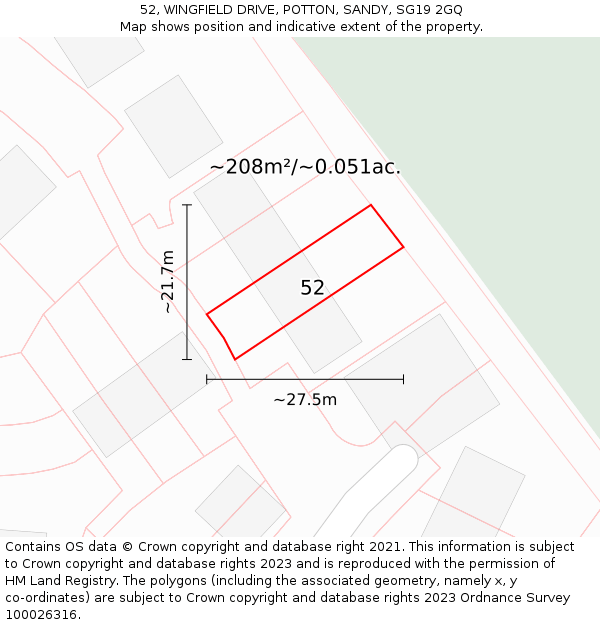 52, WINGFIELD DRIVE, POTTON, SANDY, SG19 2GQ: Plot and title map