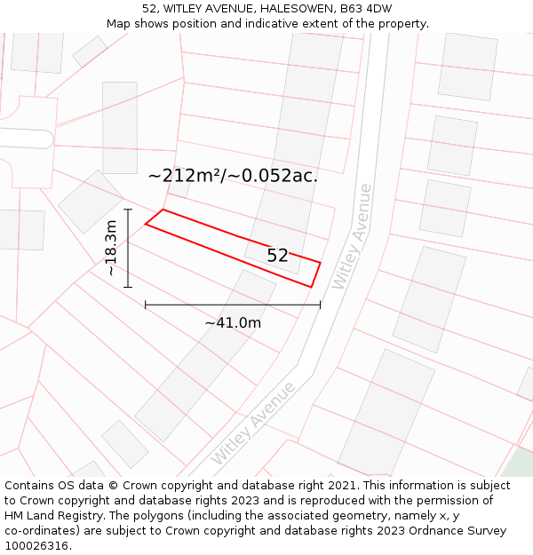 52, WITLEY AVENUE, HALESOWEN, B63 4DW: Plot and title map