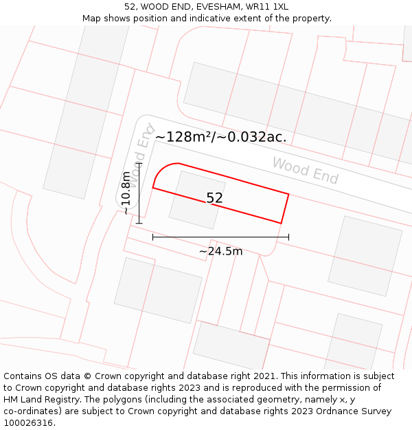 52, WOOD END, EVESHAM, WR11 1XL: Plot and title map