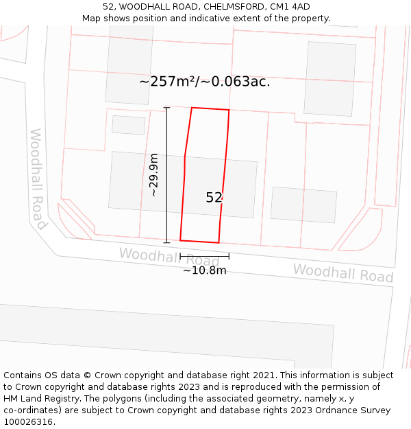 52, WOODHALL ROAD, CHELMSFORD, CM1 4AD: Plot and title map