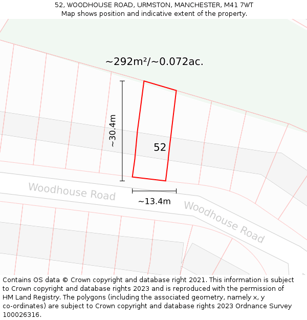 52, WOODHOUSE ROAD, URMSTON, MANCHESTER, M41 7WT: Plot and title map