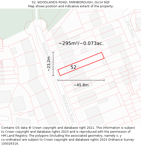 52, WOODLANDS ROAD, FARNBOROUGH, GU14 9QF: Plot and title map