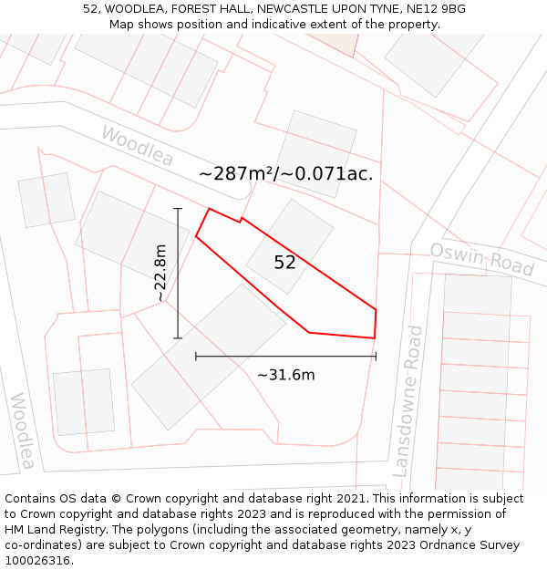 52, WOODLEA, FOREST HALL, NEWCASTLE UPON TYNE, NE12 9BG: Plot and title map