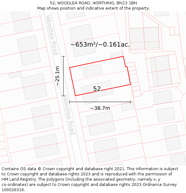 52, WOODLEA ROAD, WORTHING, BN13 1BN: Plot and title map