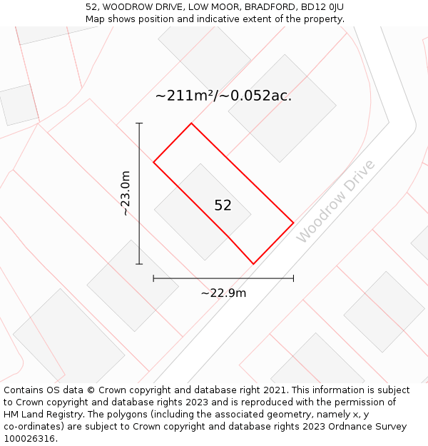 52, WOODROW DRIVE, LOW MOOR, BRADFORD, BD12 0JU: Plot and title map