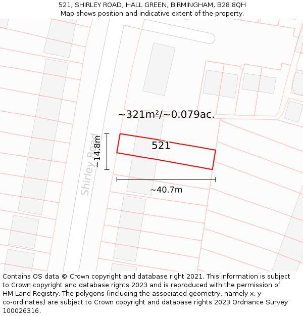 521, SHIRLEY ROAD, HALL GREEN, BIRMINGHAM, B28 8QH: Plot and title map