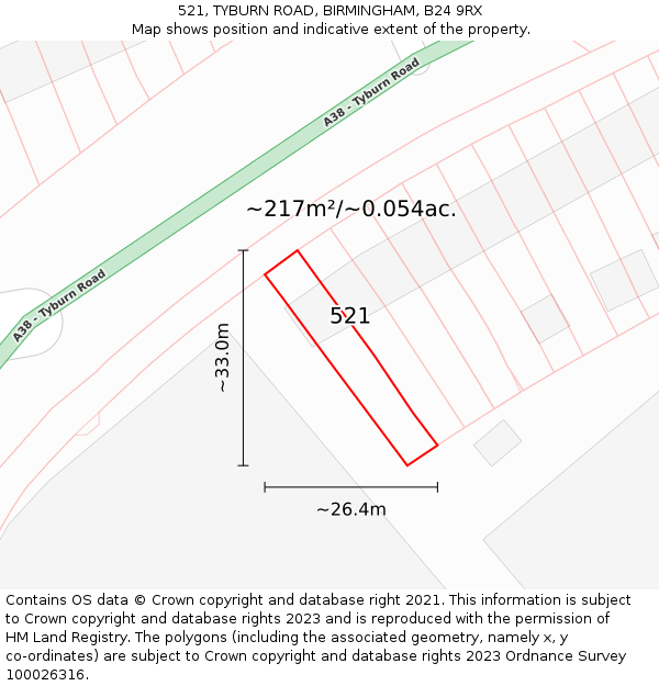 521, TYBURN ROAD, BIRMINGHAM, B24 9RX: Plot and title map