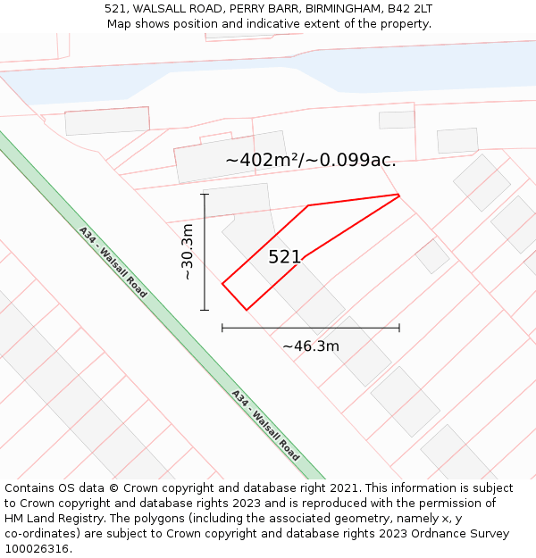 521, WALSALL ROAD, PERRY BARR, BIRMINGHAM, B42 2LT: Plot and title map